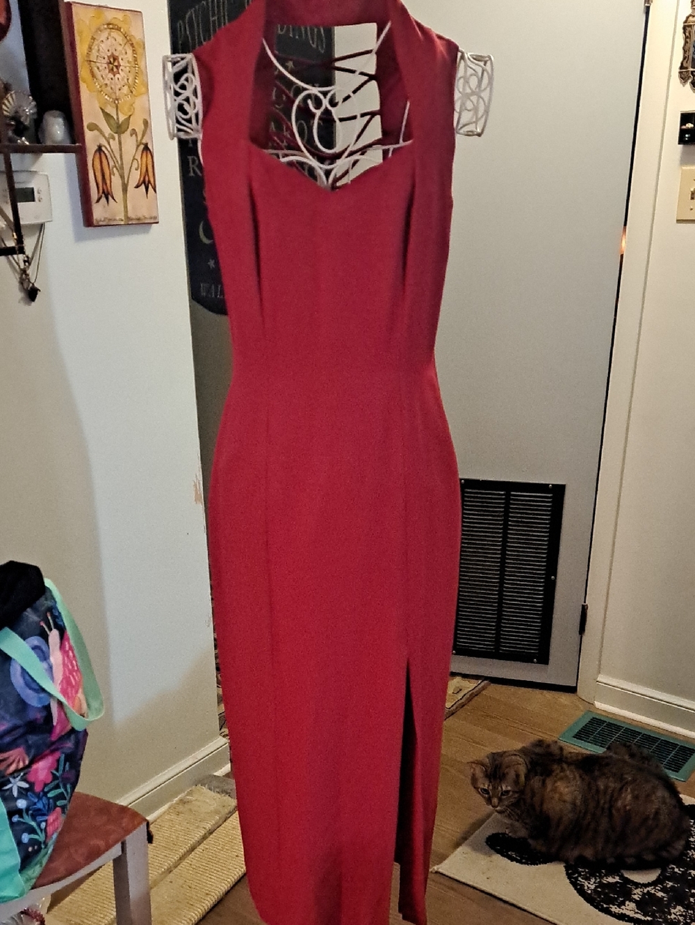 Red Vintage CDC Evening Gown With Sweetheart Neckline And Open Back, Sz 8